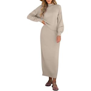 imageCaracilia 2 Piece Skirt Set for Women Sweater Dress Long Sleeve Oversized Tops Matching Maxi Skirts 2025 Fall Outfits ClothesKhaki