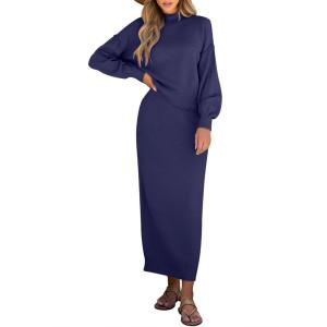 imageCaracilia 2 Piece Skirt Set for Women Sweater Dress Long Sleeve Oversized Tops Matching Maxi Skirts 2025 Fall Outfits ClothesNavy Blue