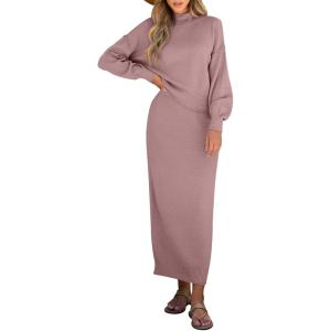 imageCaracilia 2 Piece Skirt Set for Women Sweater Dress Long Sleeve Oversized Tops Matching Maxi Skirts 2025 Fall Outfits ClothesPink
