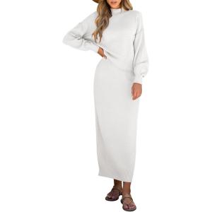 imageCaracilia 2 Piece Skirt Set for Women Sweater Dress Long Sleeve Oversized Tops Matching Maxi Skirts 2025 Fall Outfits ClothesWhite