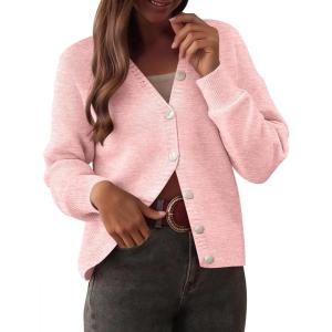 imageCaracilia Cardigan Sweaters for Women 2025 Fall Casual Long Sleeve Button Down Open Front Knit Trendy Jackets OutwearLight Pink