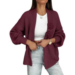 imageCaracilia Cardigan Sweaters for Women Long Sleeve Chunky Knit Open Front 2025 Fall Casual Loose Fit Lightweight OuterwearWine Red