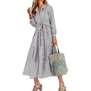 imageCaracilia Women Long Sleeve Maxi Dress 2025 Fall Casual Button Down Striped Plaid Tie Waist Shirt Dresses Vacation OutfitsBlack White Stripe