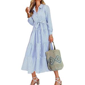 imageCaracilia Women Long Sleeve Maxi Dress 2025 Fall Casual Button Down Striped Plaid Tie Waist Shirt Dresses Vacation OutfitsBlue White Stripe