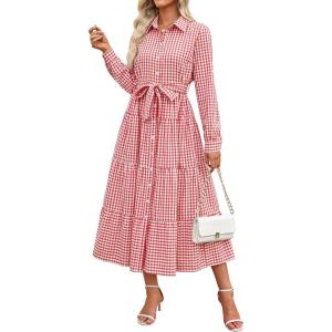 imageCaracilia Women Long Sleeve Maxi Dress 2025 Fall Casual Button Down Striped Plaid Tie Waist Shirt Dresses Vacation OutfitsDark Pink White Plaid