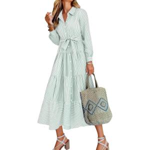 imageCaracilia Women Long Sleeve Maxi Dress 2025 Fall Casual Button Down Striped Plaid Tie Waist Shirt Dresses Vacation OutfitsGreen White Stripe