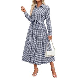 imageCaracilia Women Long Sleeve Maxi Dress 2025 Fall Casual Button Down Striped Plaid Tie Waist Shirt Dresses Vacation OutfitsNavy Blue White Plaid