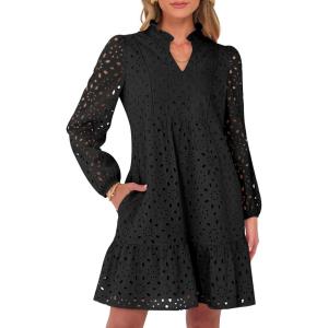 imageCaracilia Womens Dresses Long Sleeve V Neck Eyelet Hollow Out Fall Casual Flowy Swing Boho Tiered 2025 Mini Short DressBlack