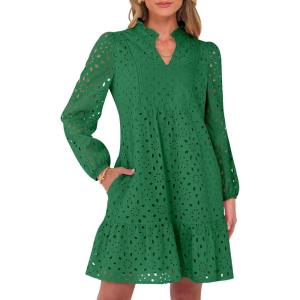 imageCaracilia Womens Dresses Long Sleeve V Neck Eyelet Hollow Out Fall Casual Flowy Swing Boho Tiered 2025 Mini Short DressGreen