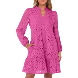 imageCaracilia Womens Dresses Long Sleeve V Neck Eyelet Hollow Out Fall Casual Flowy Swing Boho Tiered 2025 Mini Short DressHot Pink