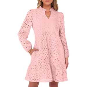 imageCaracilia Womens Dresses Long Sleeve V Neck Eyelet Hollow Out Fall Casual Flowy Swing Boho Tiered 2025 Mini Short DressPink