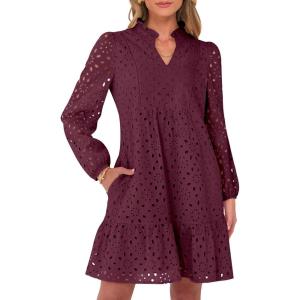 imageCaracilia Womens Dresses Long Sleeve V Neck Eyelet Hollow Out Fall Casual Flowy Swing Boho Tiered 2025 Mini Short DressWine Red