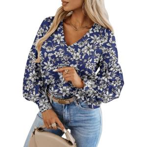 imageCaracilia Womens Dressy Casual Blouses Puff Long Sleeve Shirts V Neck Floral Boho Tops 2025 Fall Vacation OutfitsFloral Navy