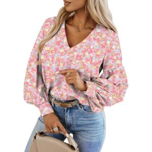 imageCaracilia Womens Dressy Casual Blouses Puff Long Sleeve Shirts V Neck Floral Boho Tops 2025 Fall Vacation OutfitsFloral Pink