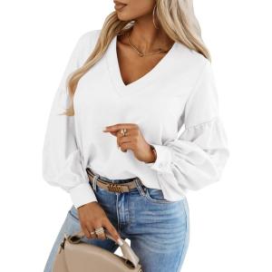 imageCaracilia Womens Dressy Casual Blouses Puff Long Sleeve Shirts V Neck Floral Boho Tops 2025 Fall Vacation OutfitsWhite