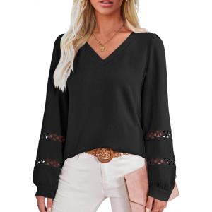 imageCaracilia Womens Lantern Long Sleeve Tops Dressy Casual Blouses 2025 Trendy V Neck T Shirts Work Outfits Fall Fashion ClothesBlack
