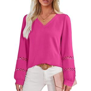 imageCaracilia Womens Lantern Long Sleeve Tops Dressy Casual Blouses 2025 Trendy V Neck T Shirts Work Outfits Fall Fashion ClothesHot Pink