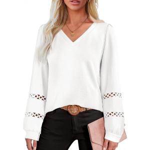 imageCaracilia Womens Lantern Long Sleeve Tops Dressy Casual Blouses 2025 Trendy V Neck T Shirts Work Outfits Fall Fashion ClothesWhite