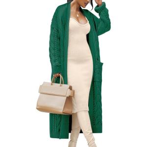 imageCaracilia Womens Oversized Cable Knit Long Cardigan Sweaters Open Front Duster Coat 2025 Fall Outfits OutwearDark Green
