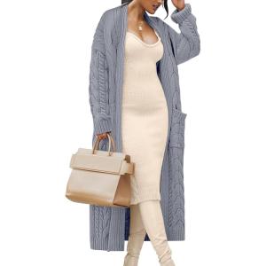 imageCaracilia Womens Oversized Cable Knit Long Cardigan Sweaters Open Front Duster Coat 2025 Fall Outfits OutwearGrey
