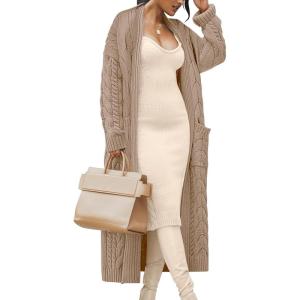 imageCaracilia Womens Oversized Cable Knit Long Cardigan Sweaters Open Front Duster Coat 2025 Fall Outfits OutwearKhaki