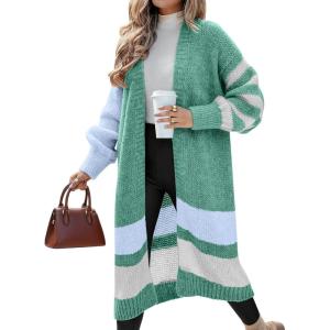 imageCaracilia Womens Oversized Long Cardigan Sweaters Color Block Open Front Duster Coat Knit Outwear 2025 Fall OutfitsGreen