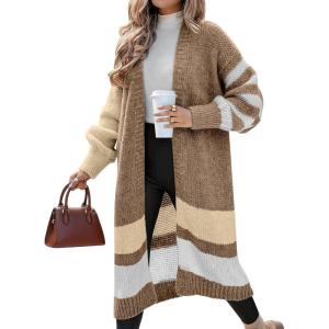 imageCaracilia Womens Oversized Long Cardigan Sweaters Color Block Open Front Duster Coat Knit Outwear 2025 Fall OutfitsOatmeal