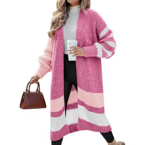 imageCaracilia Womens Oversized Long Cardigan Sweaters Color Block Open Front Duster Coat Knit Outwear 2025 Fall OutfitsPink