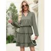 imageCaracilia Long Sleeve Dress for Women Fall 2025 Casual V Neck High Waist Tiered Ruffle Aline Swing Tunic Short Mini DressesArmy Green