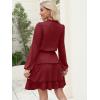 imageCaracilia Long Sleeve Dress for Women Fall 2025 Casual V Neck High Waist Tiered Ruffle Aline Swing Tunic Short Mini DressesDeep Red