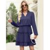imageCaracilia Long Sleeve Dress for Women Fall 2025 Casual V Neck High Waist Tiered Ruffle Aline Swing Tunic Short Mini DressesNavy Blue