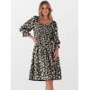 imageCaracilia Women 34 Sleeve Square Neck 2025 Summer Fall Wedding Guest Floral Smocked Casual Boho Midi DressesBlack White Floral
