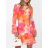 imageCaracilia Women Bell Long Sleeve Mini Dresses Fall 2025 Mesh Boat Neck Print Going Out Bodycon Wedding Guest Vacation OutfitsOrange Pink Floral