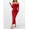 imageCaracilia Womens Off The Shoulder Bodycon Maxi Dress Fall Sexy Elegant Long Sleeve Ruched Club Party Formal Cocktail DressesRed