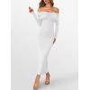 imageCaracilia Womens Off The Shoulder Bodycon Maxi Dress Fall Sexy Elegant Long Sleeve Ruched Club Party Formal Cocktail DressesWhite