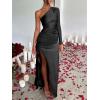 imageCaracilia Womens Wedding Guest Maxi Dress 2025 Fall One Shoulder Sleeve Satin Bodycon High Split Cocktail Formal Prom DressesBlack
