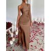 imageCaracilia Womens Wedding Guest Maxi Dress 2025 Fall One Shoulder Sleeve Satin Bodycon High Split Cocktail Formal Prom DressesBrown