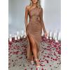 imageCaracilia Womens Wedding Guest Maxi Dress 2025 Fall One Shoulder Sleeve Satin Bodycon High Split Cocktail Formal Prom DressesBrown