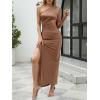 imageCaracilia Womens Wedding Guest Maxi Dress 2025 Fall One Shoulder Sleeve Satin Bodycon High Split Cocktail Formal Prom DressesBrown