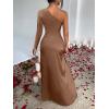 imageCaracilia Womens Wedding Guest Maxi Dress 2025 Fall One Shoulder Sleeve Satin Bodycon High Split Cocktail Formal Prom DressesBrown