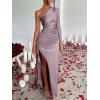 imageCaracilia Womens Wedding Guest Maxi Dress 2025 Fall One Shoulder Sleeve Satin Bodycon High Split Cocktail Formal Prom DressesMauve