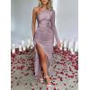 imageCaracilia Womens Wedding Guest Maxi Dress 2025 Fall One Shoulder Sleeve Satin Bodycon High Split Cocktail Formal Prom DressesMauve