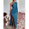 imageCaracilia Womens Wedding Guest Maxi Dress 2025 Fall One Shoulder Sleeve Satin Bodycon High Split Cocktail Formal Prom DressesTeal