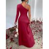 imageCaracilia Womens Wedding Guest Maxi Dress 2025 Fall One Shoulder Sleeve Satin Bodycon High Split Cocktail Formal Prom DressesWine Red