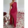 imageCaracilia Womens Wedding Guest Maxi Dress 2025 Fall One Shoulder Sleeve Satin Bodycon High Split Cocktail Formal Prom DressesWine Red