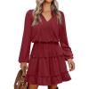 imageCaracilia Long Sleeve Dress for Women Fall 2025 Casual V Neck High Waist Tiered Ruffle Aline Swing Tunic Short Mini DressesDeep Red
