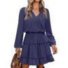 imageCaracilia Long Sleeve Dress for Women Fall 2025 Casual V Neck High Waist Tiered Ruffle Aline Swing Tunic Short Mini DressesNavy Blue