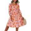 imageCaracilia Women 34 Sleeve Square Neck 2025 Summer Fall Wedding Guest Floral Smocked Casual Boho Midi DressesChrysanthemum Floral
