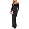 imageCaracilia Womens Off The Shoulder Bodycon Maxi Dress Fall Sexy Elegant Long Sleeve Ruched Club Party Formal Cocktail DressesBlack