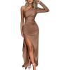 imageCaracilia Womens Wedding Guest Maxi Dress 2025 Fall One Shoulder Sleeve Satin Bodycon High Split Cocktail Formal Prom DressesBrown